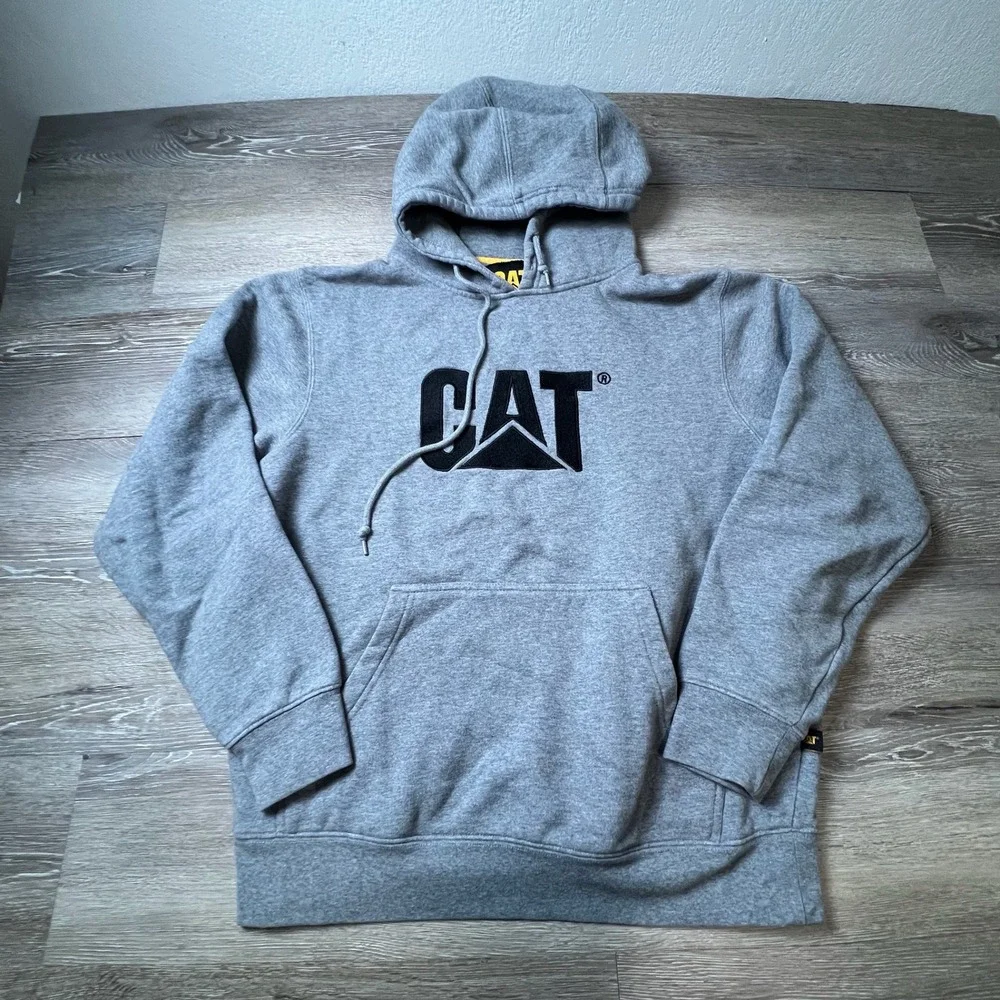CAT Caterpillar Hoodie Mens Medium Grey Embroidered Logo Pullover Sweatshirt